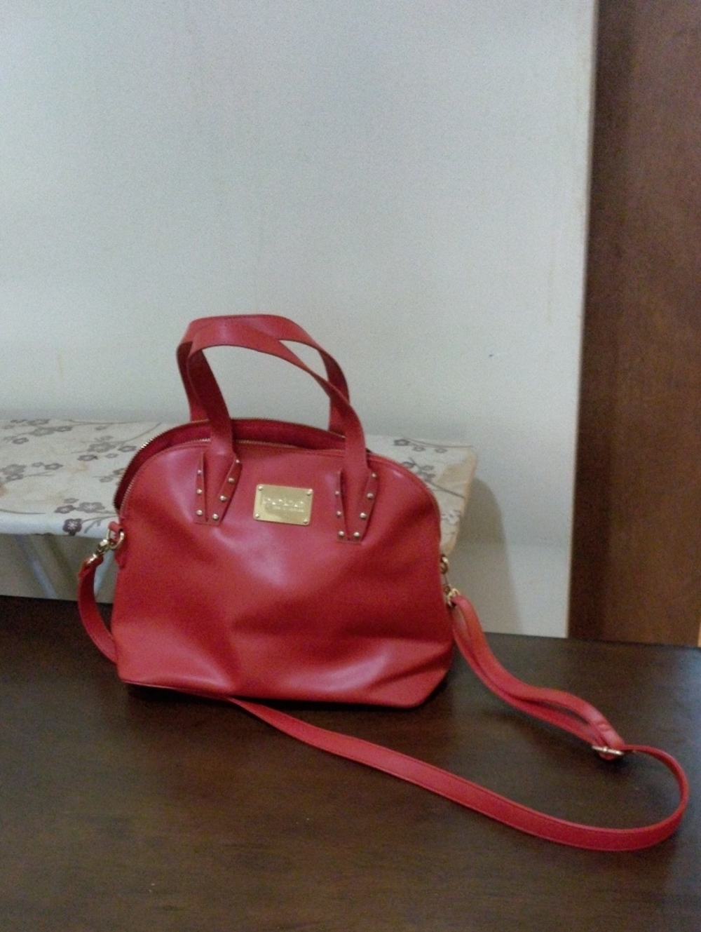 Bebe - Red Faux Leather Crossbody Satchel with Gold Plaque